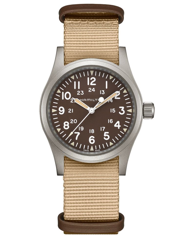 Часы унисекс, швейцарские механические часы цвета хаки, бежевый тканевый ремешок, 38 мм Hamilton