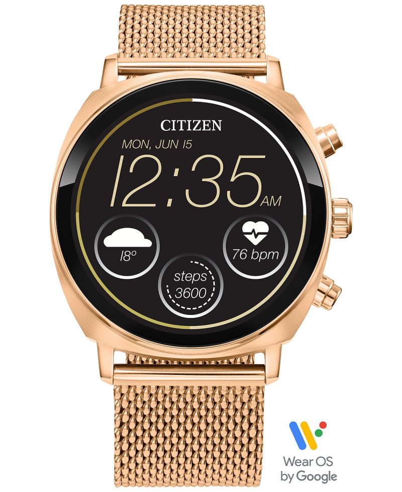 Унисекс CZ Smart Wear OS Сетчатый браслет из нержавеющей стали цвета розового золота Смарт-часы 41 мм Citizen, золотой