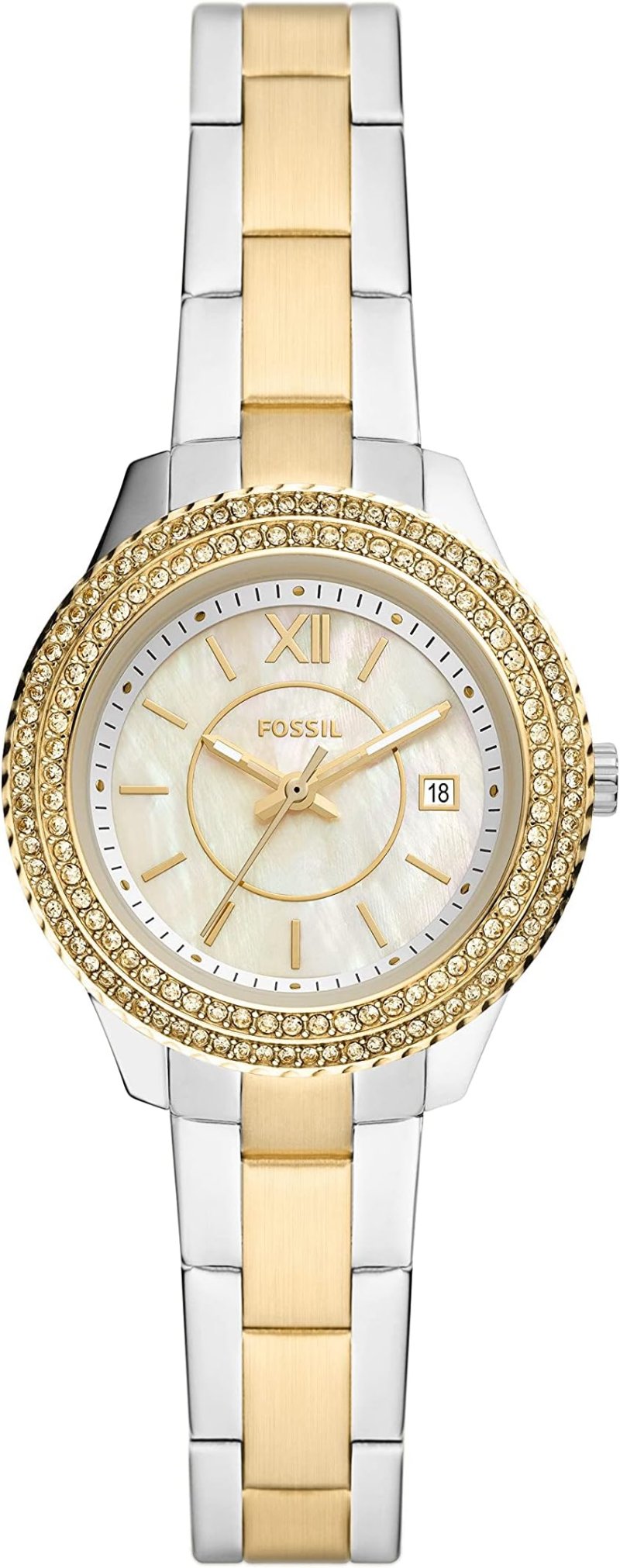 Часы 18 mm - Stella Mini Three Hand Date Stainless Steel Dress Watch - ES5138 Fossil, цвет Two-Tone Silver/Gold