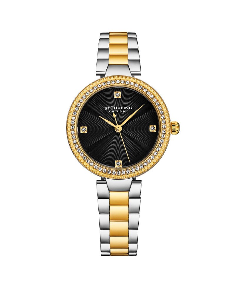 Женские часы Legacy, золотистая нержавеющая сталь, черный циферблат, круглые часы 39 мм Stuhrling, золотой