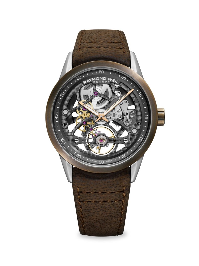 Часы Freelancer Skeleton с кожаным ремешком Raymond Weil, коричневый