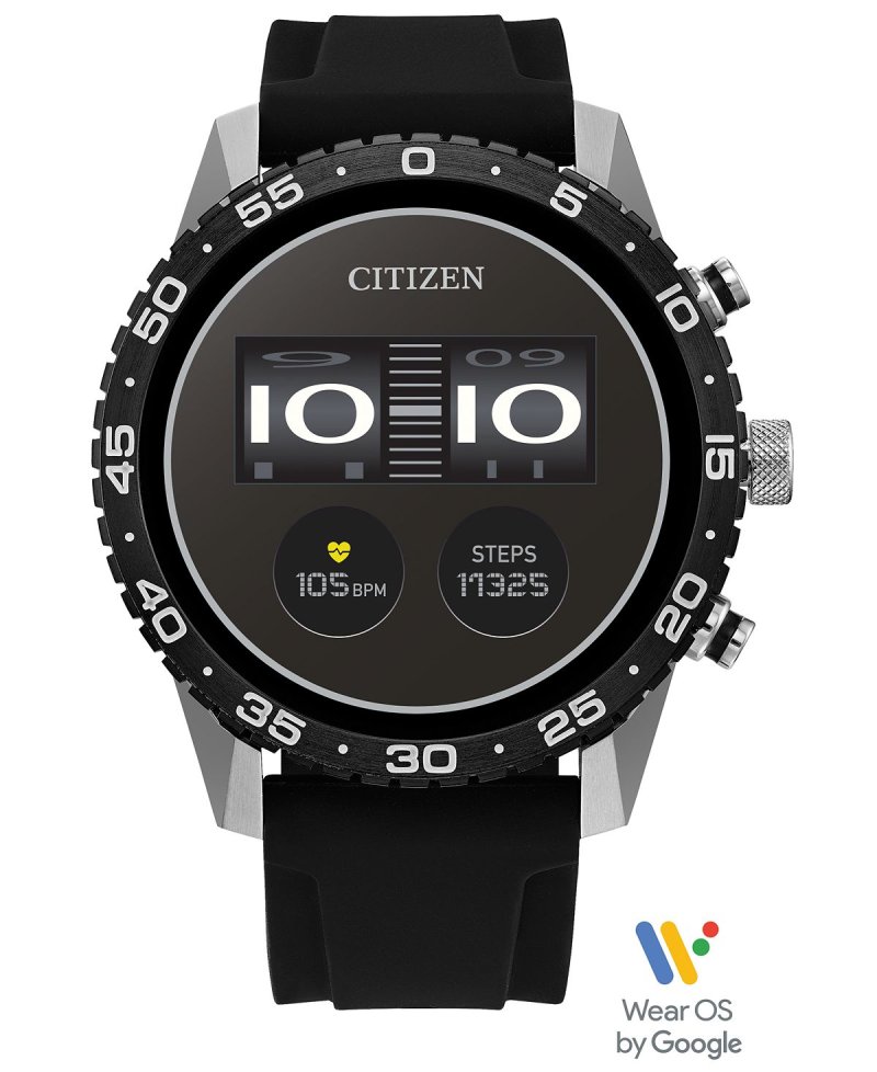 Смарт-часы унисекс CZ Smart Wear OS, черный силиконовый ремешок, 45 мм Citizen