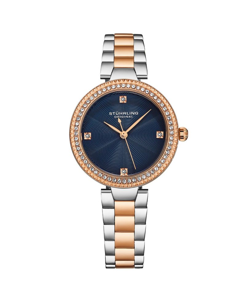 Женские часы Legacy из нержавеющей стали розового золота, синий циферблат, круглые часы 39 мм Stuhrling, золотой