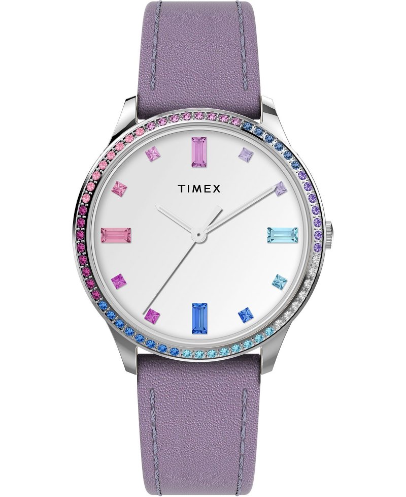 Женские кварцевые аналоговые деловые кожаные часы премиум-класса фиолетового цвета, 32 мм Timex