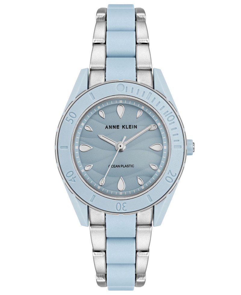 Женские пластиковые часы Oceanworks серебристого и голубого цвета с солнечной подсветкой, 32 мм Anne Klein