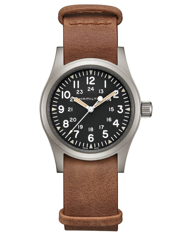 Часы унисекс швейцарские механические цвета хаки коричневый кожаный ремешок 38 мм Hamilton, коричневый