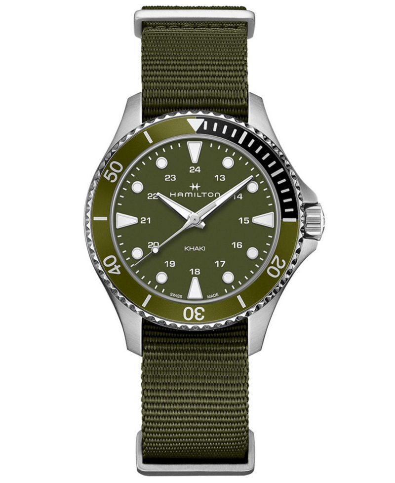 Женские швейцарские часы цвета хаки, темно-зеленые с аквалангом, ремешок НАТО, 37 мм Hamilton, зеленый